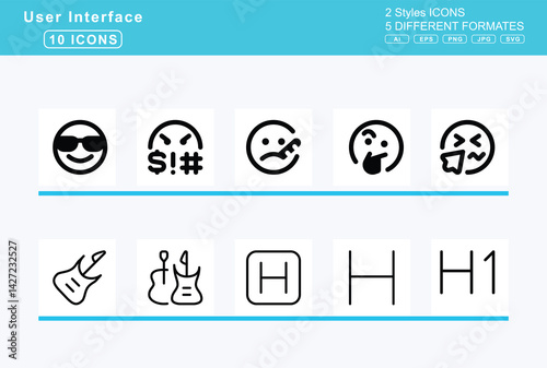 Set of 5 rounded user interface icons,face, smile, hearts, horns, tear, tongue, upside, down