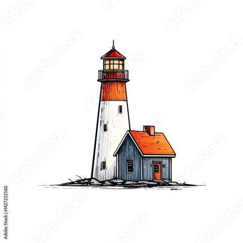 lighthouse small attached house coastal scene on white background