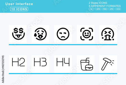 Set of 5 rounded user interface icons,face, smiling, hands, smirking, sunglasses, swear, thermometer