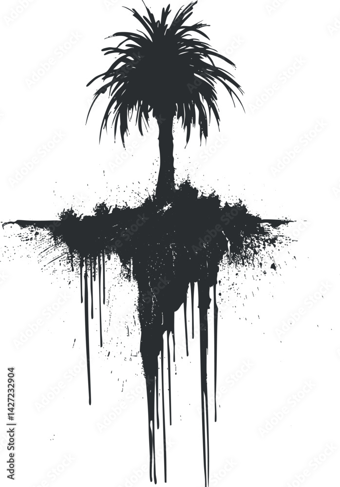 Stylized silhouette of a tropical tree with ink splatter effect showcasing nature and creativity.