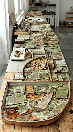 Archaeological artifacts arranged on long tables in a bright studio, for research and cataloging