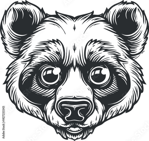 Stylized illustration of a playful panda bear face featuring large expressive eyes.
