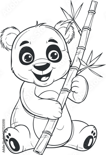 A cute cartoon panda character happily holding bamboo in its paws, perfect for children illustrations.
