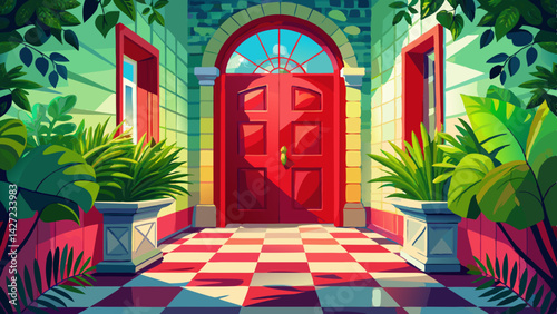 Very beautiful a vibrant red door stands framed by lush greenery and a checkered tile floor within a sunlit hallway.