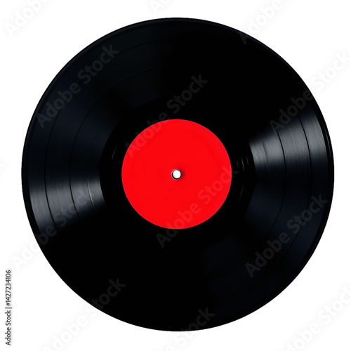 Classic vinyl record with black grooves and a bright red center label, isolated on a transparent background — ideal for music, retro, or entertainment-themed designs