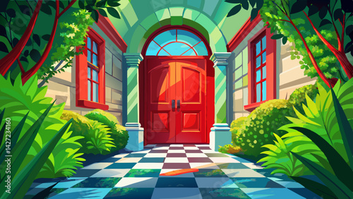Very beautiful a vibrant red door stands framed by lush greenery and a checkered tile floor within a sunlit hallway.