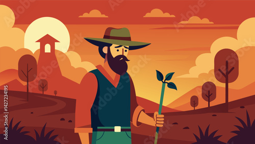 As the sun sets on a farm a farmer takes a break from their work to watch and contemplate the cycle of life and death a fundamental concept in Stoic. Vector illustration