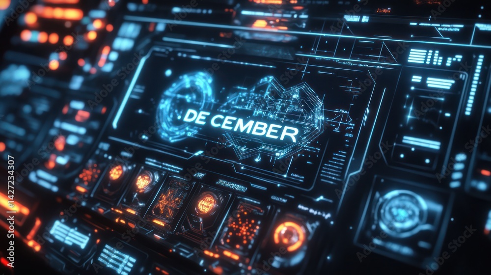 A futuristic digital display panel showing the month of December A futuristic digital display panel showing the month of December