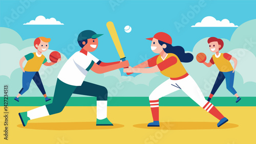 Friendly competition during a game of charity softball with both teams showing great sportsmanship.. Vector illustration