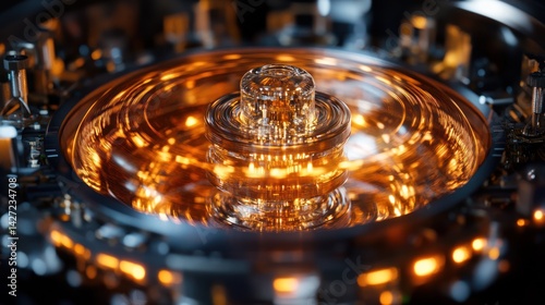 A complex futuristic mechanical device with glowing internal illumination