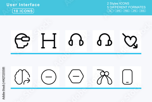 Set of 5 rounded user interface icons,heading, headphones, headset, head, side, brain