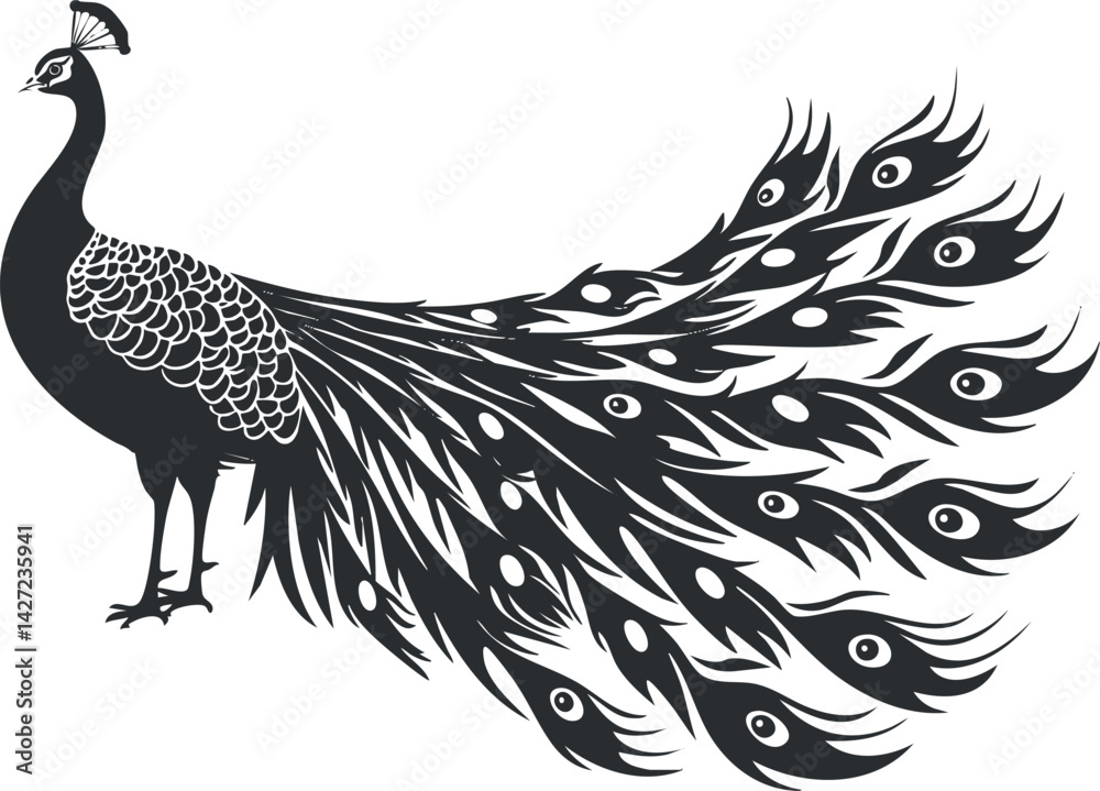 Fototapeta premium Stylized black silhouette of a peacock displaying its ornate feathered tail.