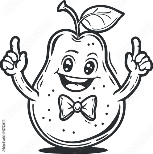 A cheerful cartoon pear character with a bowtie and thumbs up gesture, perfect for children.