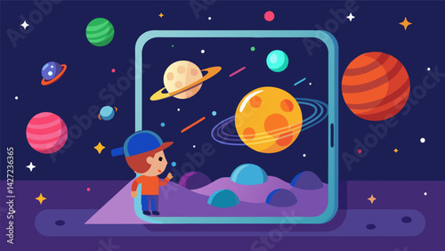 An app that uses augmented reality to help kids identify and learn about different celestial objects in the sky.. Vector illustration