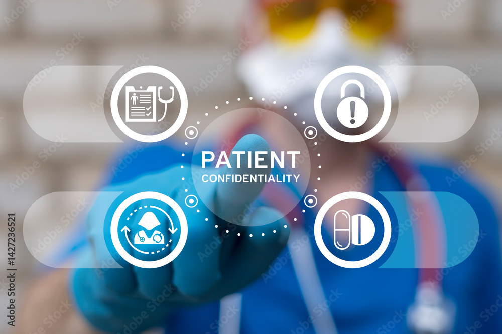 Doctor using virtual touch screen push inscription: PATIENT CONFIDENTIALITY. Patient Confidentiality Health Care Concept. Medical confidentiality.