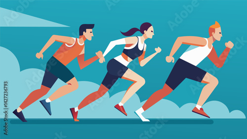 As they reach the top the triathletes quickly transition to their running shoes eager to conquer the remaining leg of the race on foot.. Vector illustration