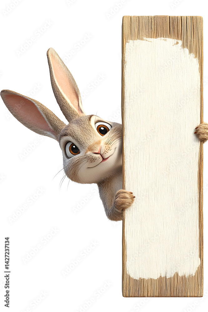An Easter bunny rabbit peeking around a sign on transparent