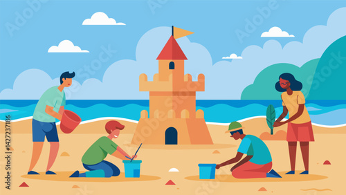 Along the shoreline competitors work tirelessly to build impressive sand structures vying for the title of Best Sandcastle Builder.. Vector illustration