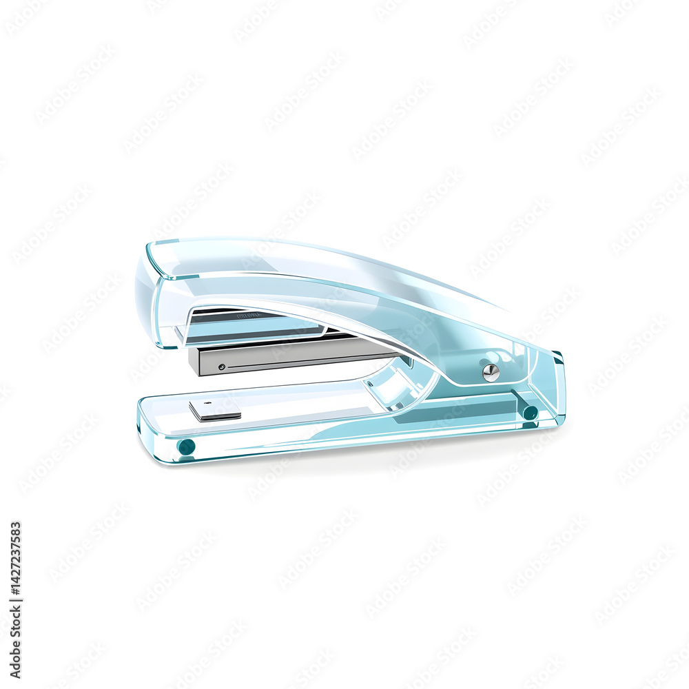 Stapler – A 3D glass stapler, small and elegant, glossy transparent surface, soft reflections, white background, icon-style illustration. Generative AI Stapler – A 3D glass stapler, small and elegant, glossy transparent surface, soft reflections, white background, icon-style illustration. Generative AI