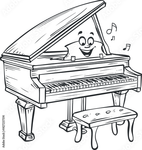A cheerful cartoon piano character smiling while playing music notes happily.