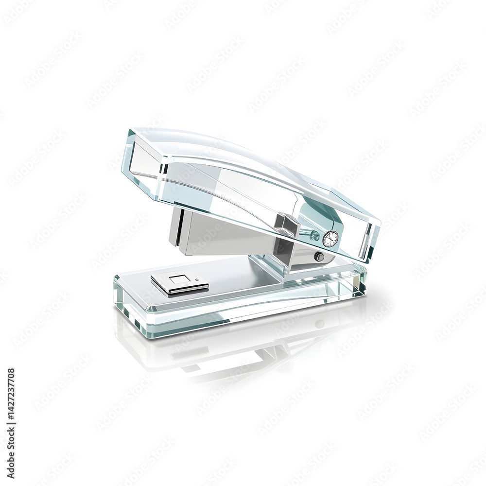 Stapler – A 3D glass stapler, small and elegant, glossy transparent surface, soft reflections, white background, icon-style illustration. Generative AI Stapler – A 3D glass stapler, small and elegant, glossy transparent surface, soft reflections, white background, icon-style illustration. Generative AI