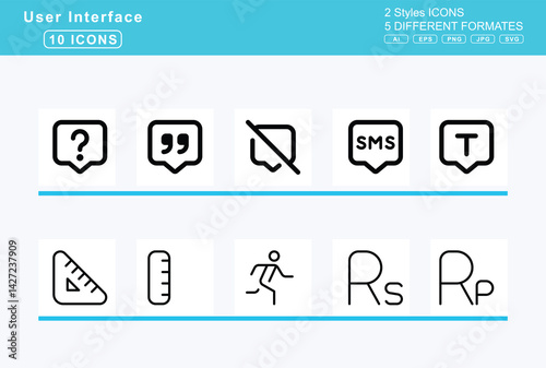 Set of 5 rounded user interface icons,menu, dots, vertical, mercury, message, arrow, down, up