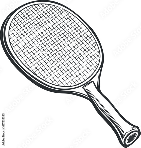 A detailed illustration of a tennis racket showing the strings and handle design