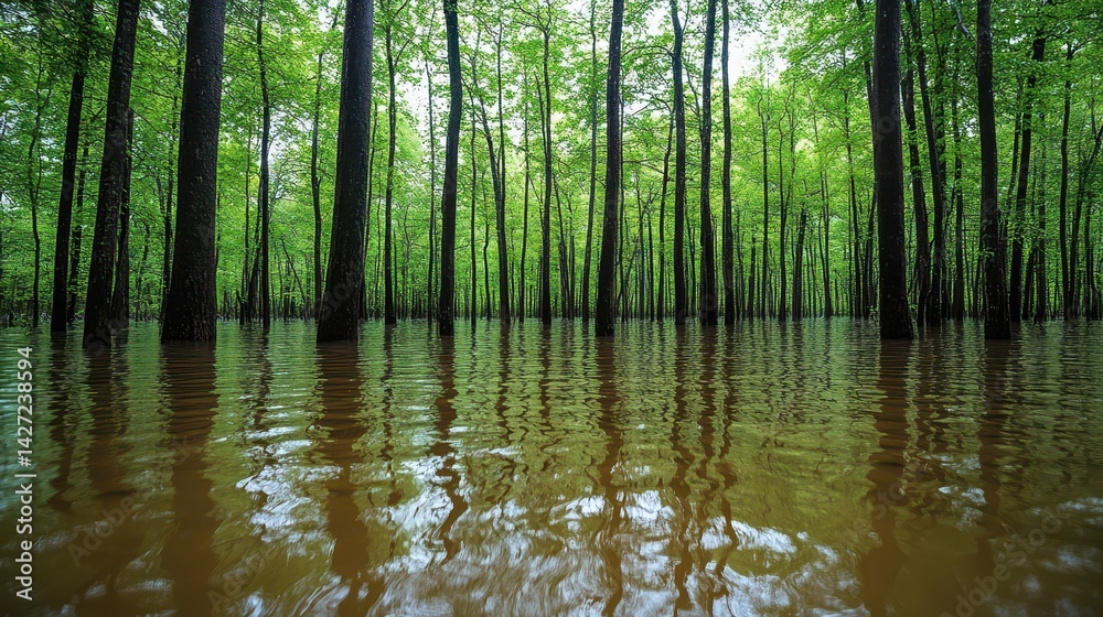 Obraz premium Flooded forest, trees reflected in murky water, swampy background, nature photography