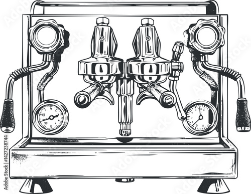Illustration of a vintage espresso coffee machine with dual brewing heads and pressure gauges.