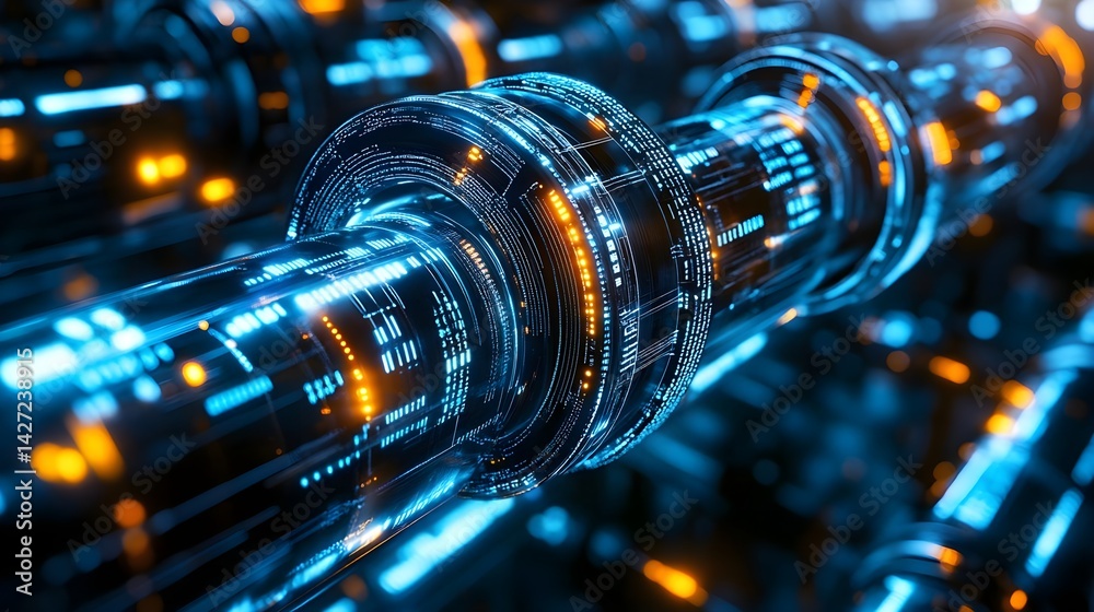 Blue Digital Chain with Orange Glow in Close-Up Perspective Blue Digital Chain with Orange Glow in Close-Up Perspective
