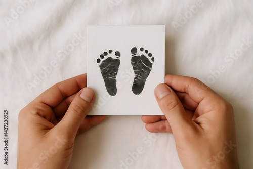 Baby footprint printout held by adult hands on white fabric