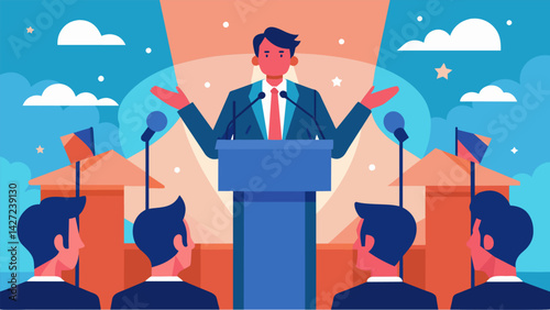 A politician delivers a speech inspired by the stoic idea of duty to others highlighting the importance of ethical leadership in modern society.. Vector illustration