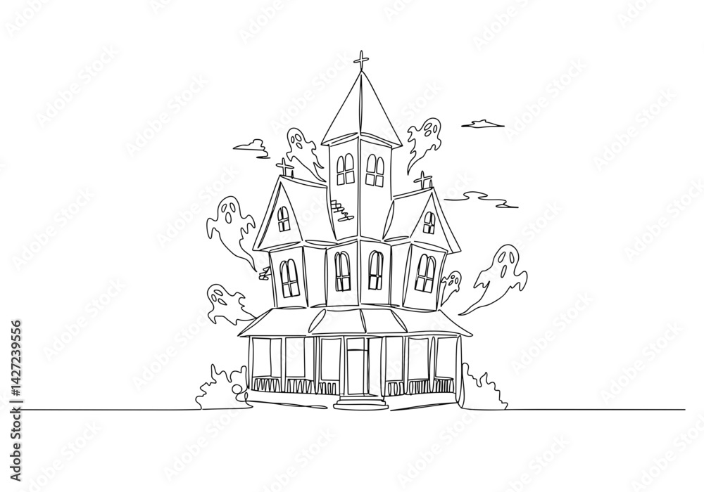 Fototapeta premium Haunted house illustration with ghosts on a spooky background 