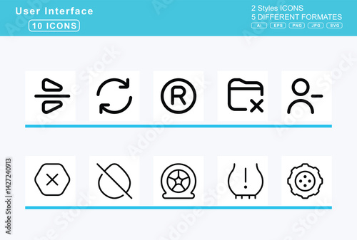 Set of 5 rounded user interface icons,rectangle, vertical, history, xmark, recycle, redo