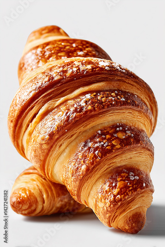 Obraz na płótnie Butter croissant with golden flaky layers placed at an angle against a clean white background. Concept of culinary arts, bakeries, cafes w salonie