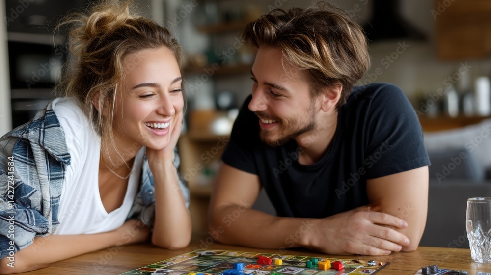 Young Couple Enjoying Playing Board Game Together at Home with Smiles and Laughter Young Couple Enjoying Playing Board Game Together at Home with Smiles and Laughter