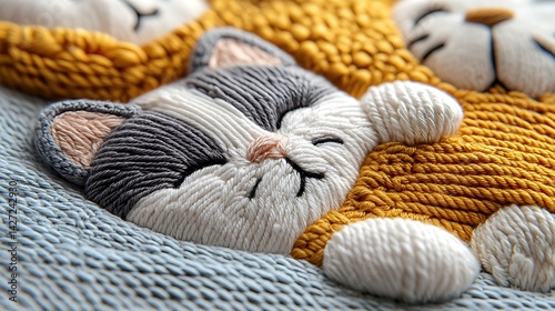 Close Up of Adorable Knitted Cats Sleeping on Blue Fabric