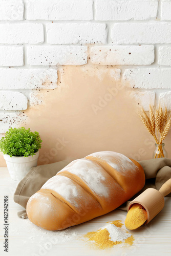 Obraz na płótnie Artisan wheat bread loaf resting on clean surface with flour dusting. Simple backdrop complements rustic charm. Concept of baking, culinary arts, food photography w salonie