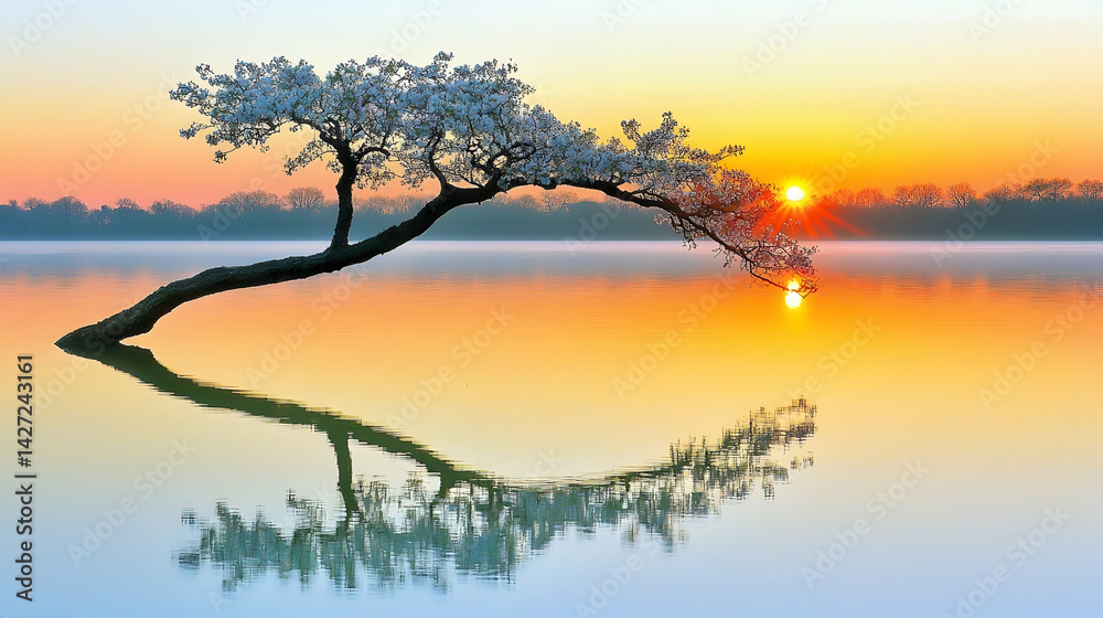 Fototapeta premium Serene sunrise over calm lake with blossoming tree reflecting in water; perfect for peaceful, nature-themed designs