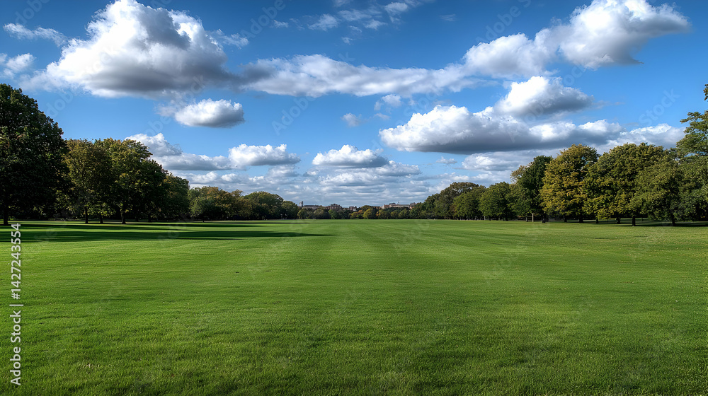 Wide Open Park Meadow Under Sunny Sky Wide Open Park Meadow Under Sunny Sky