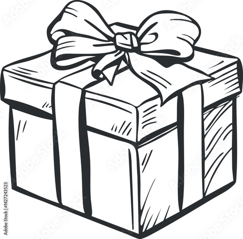 A hand-drawn illustration of a gift box with a ribbon, perfect for celebrations and events.