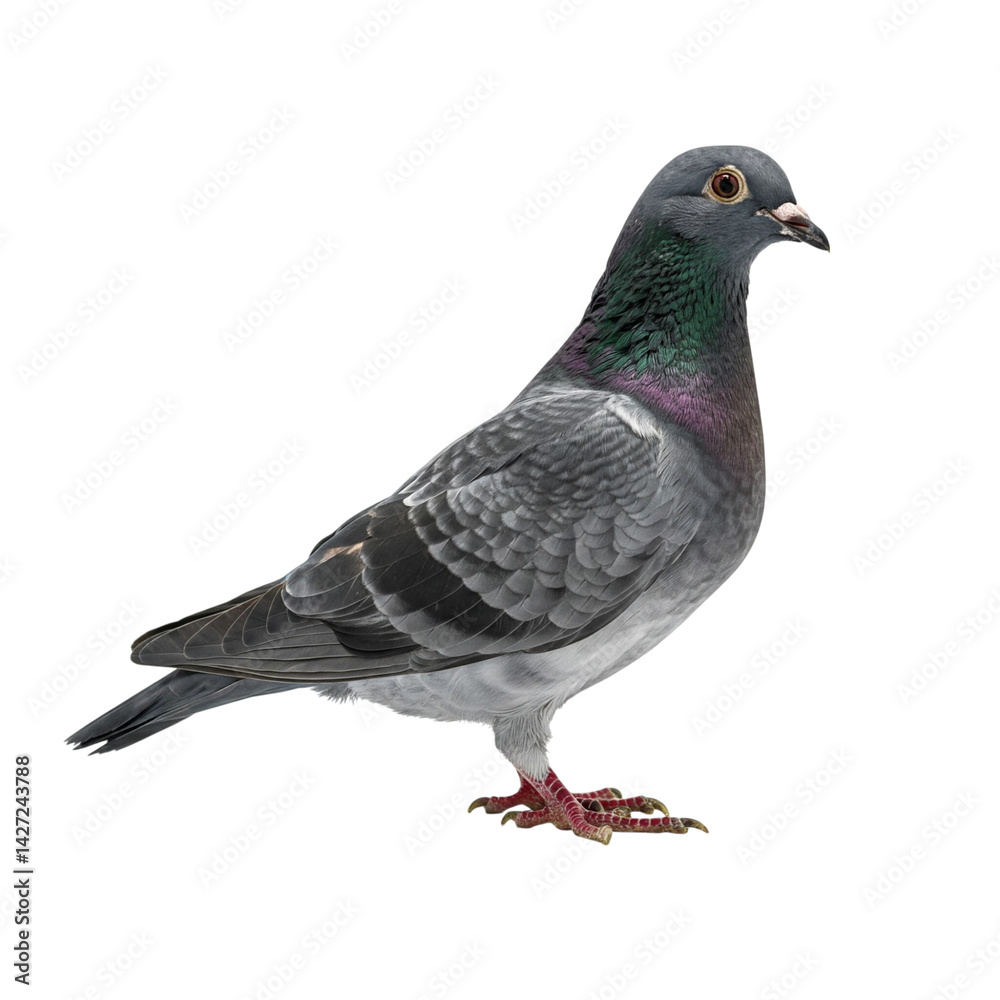 Naklejka premium Elegant grey pigeon isolated on black background striking pose detailed feathers vibrant iridescence captivating