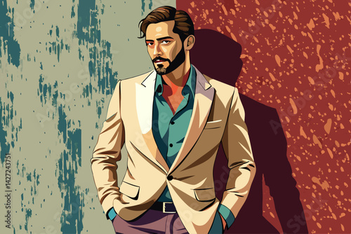 vector of Stylish man in beige suit poses against textured wall
