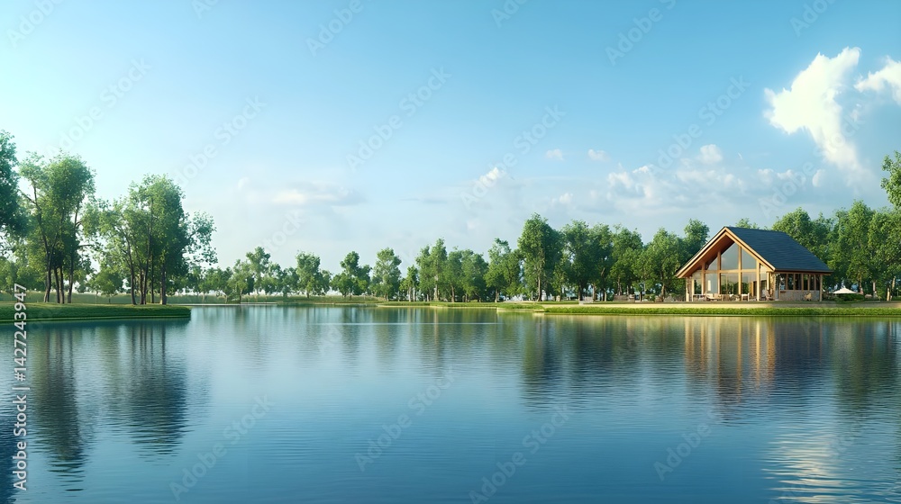Obraz premium Charming House by the Serene River and Lake in the Countryside