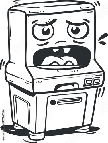 A cartoonish angry kitchen appliance character with a surprised expression and playful features.