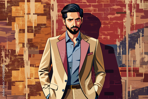 vector of Stylish man in beige suit poses against textured wall