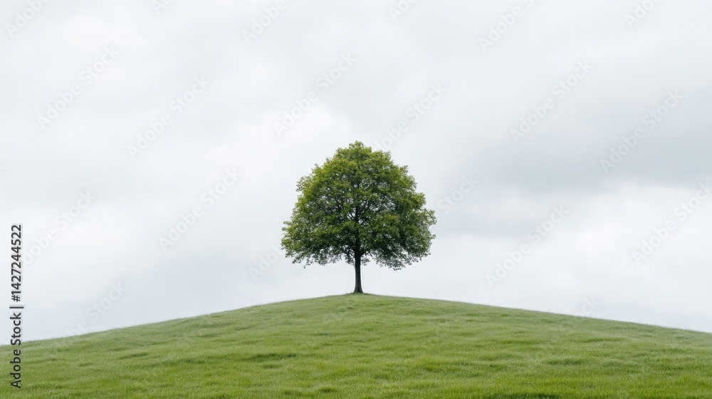 Fototapeta premium Lone Tree on Hilltop, Minimalist Style, High-Definition Natural Light, Landscape Wide Shot, Green Grass Texture, Peaceful Solitude, Cloudy Sky, Soft Green Tones, Perfect for Nature Blogs