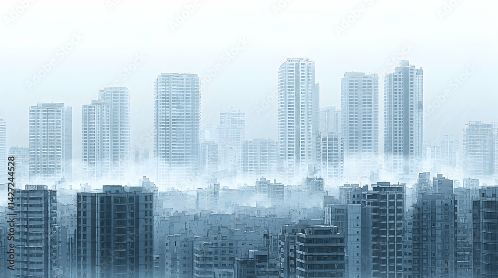 Urban Skyline in Misty Atmosphere Overlooking City Towers Urban Skyline in Misty Atmosphere Overlooking City Towers