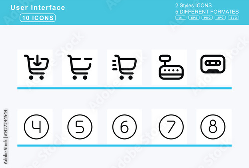 Set of 5 rounded user interface icons,cars, car, side, bolt, cart, arrow, down, tilt