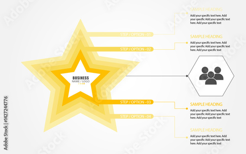 star shape infographics with 4 steps, star shape yellow gradient color infographics